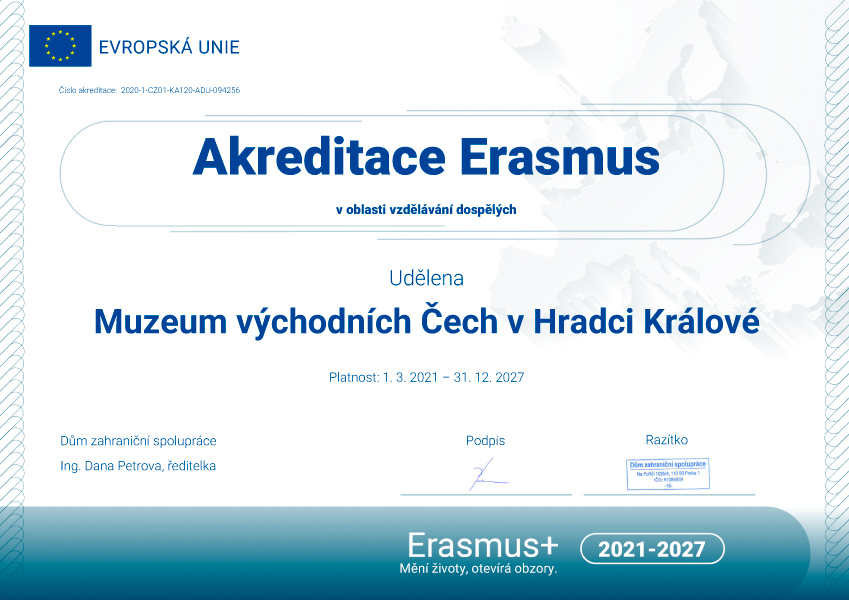 Certifikát k akreditaci organizace Muzeum východních Čech v Hradci Králové v sektoru vzdělávání dospělých